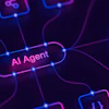Neon-styled digital network visualization showing 'AI Agent' connected to multiple technology icons through glowing blue and magenta lines with node points