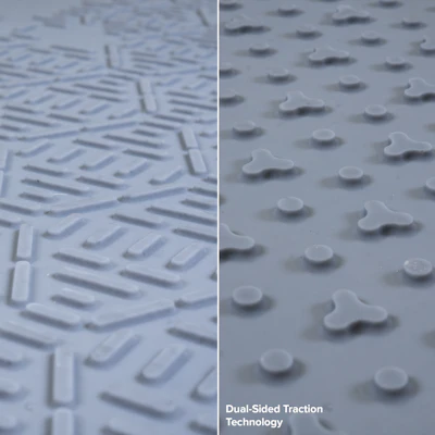 Dual-sided traction technology comparison showing linear tread pattern on left and circular grip elements on right