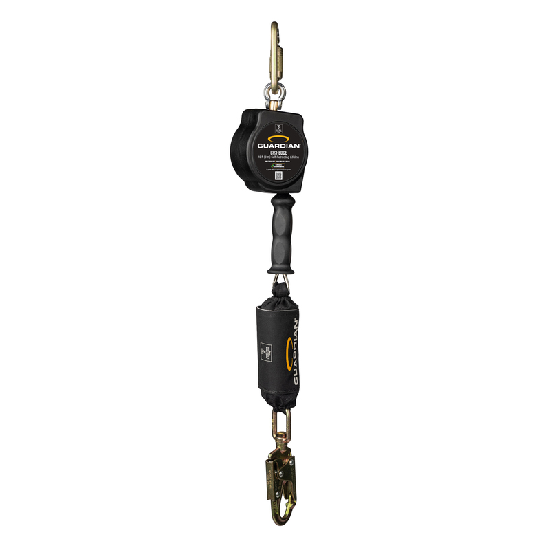 Guardian retractable fall protection lifeline with shock absorber and carabiner attachment
