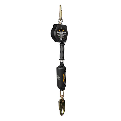 Guardian retractable fall protection lifeline with shock absorber and carabiner attachment