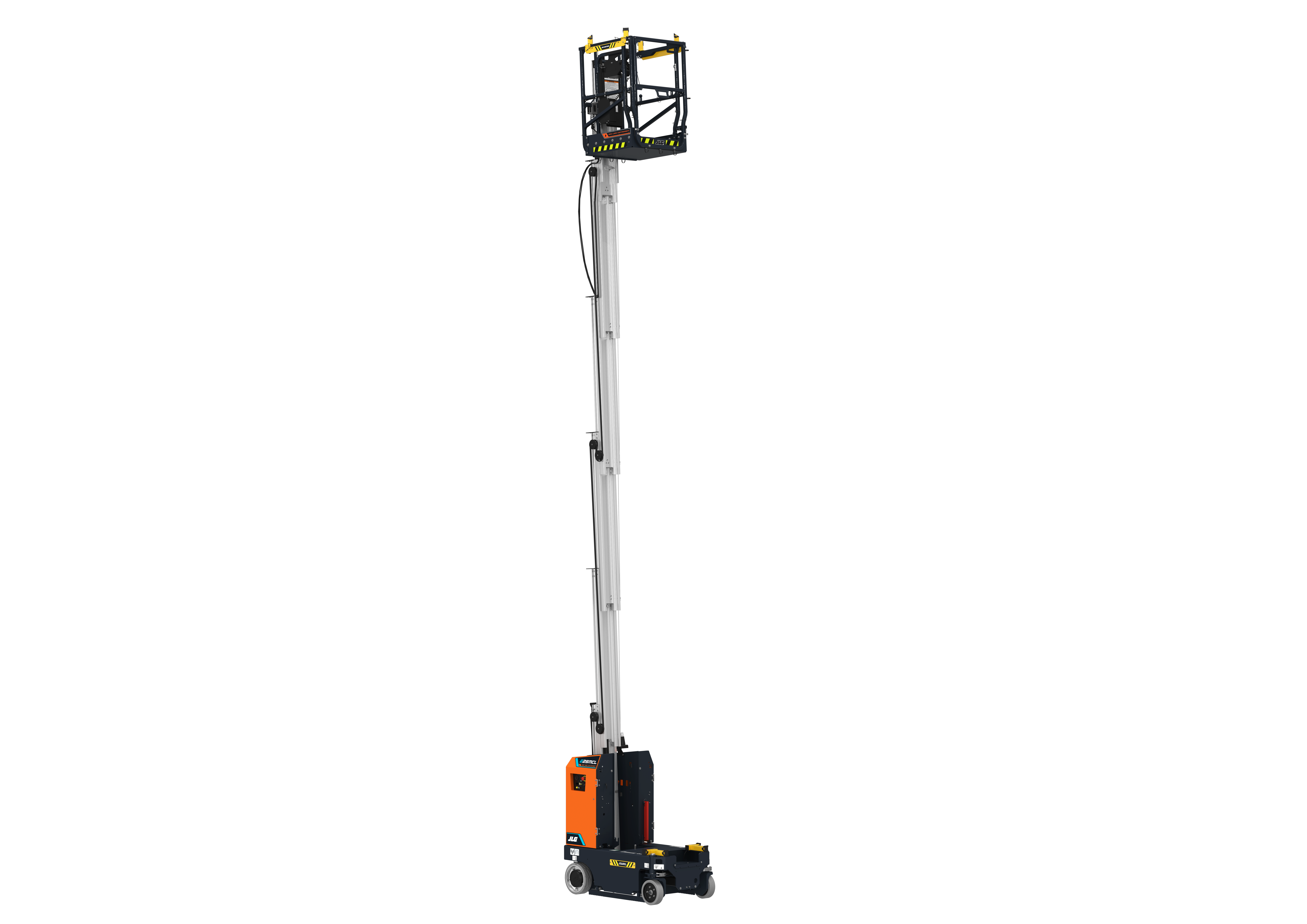 Orange and black vertical mast lift with extended boom platform for aerial work access