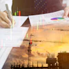 Business professional analyzing financial charts and construction project data with colorful graphs and sunset construction site overlay