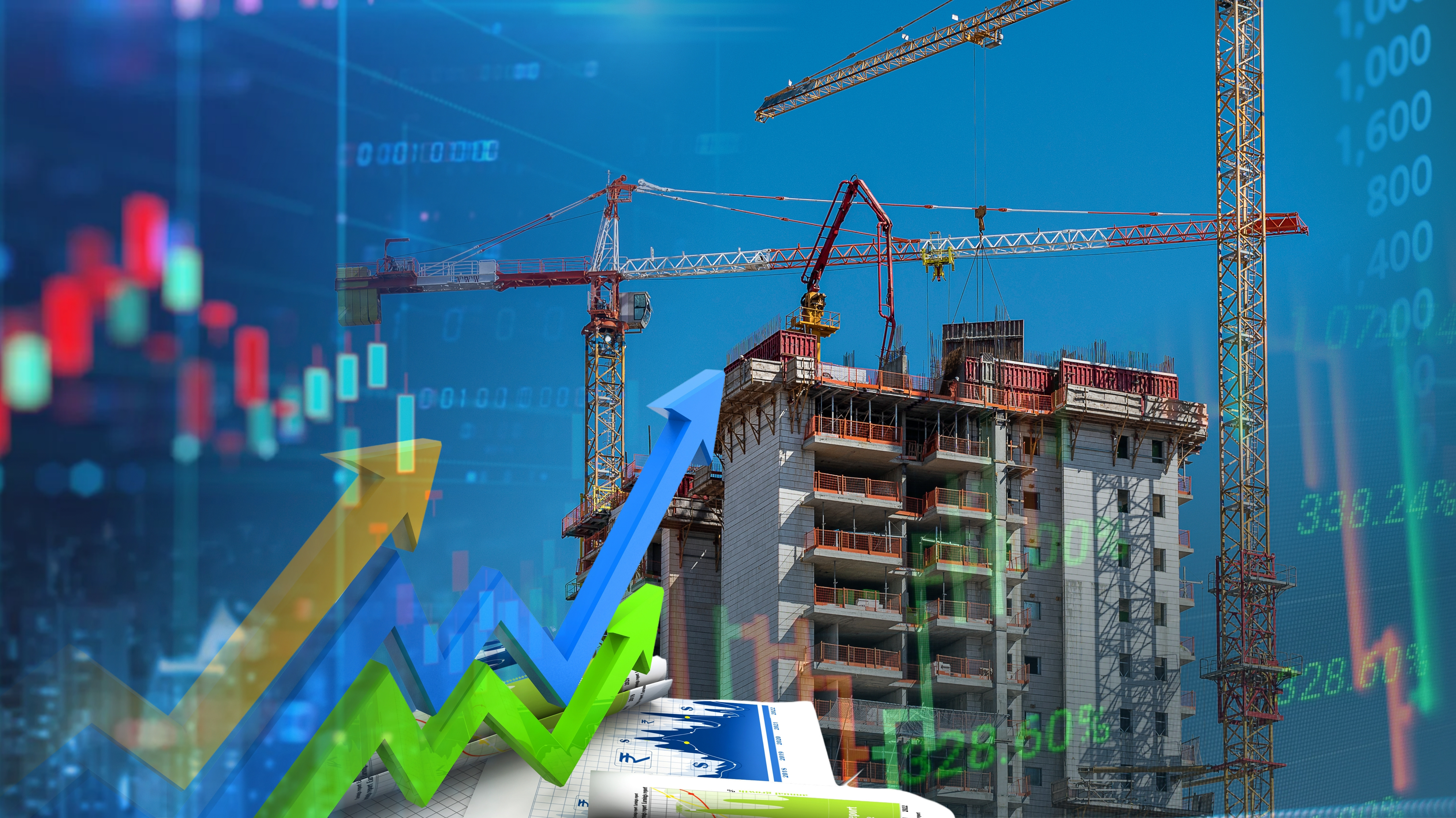 Construction cranes building a residential tower with upward trending financial charts and stock market data overlay representing real estate investment growth
