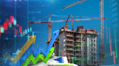 Construction cranes building a residential tower with upward trending financial charts and stock market data overlay representing real estate investment growth