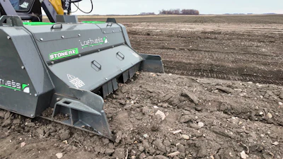 Stone RX agricultural equipment with green accents operating in a plowed field
