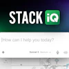 Stack iQ AI assistant interface with search bar and voice control options on gradient background