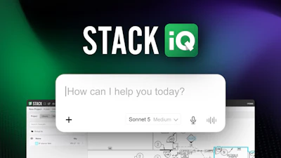 Stack iQ AI assistant interface with search bar and voice control options on gradient background