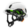White Studson protective climbing helmet with neon green interior padding and black straps