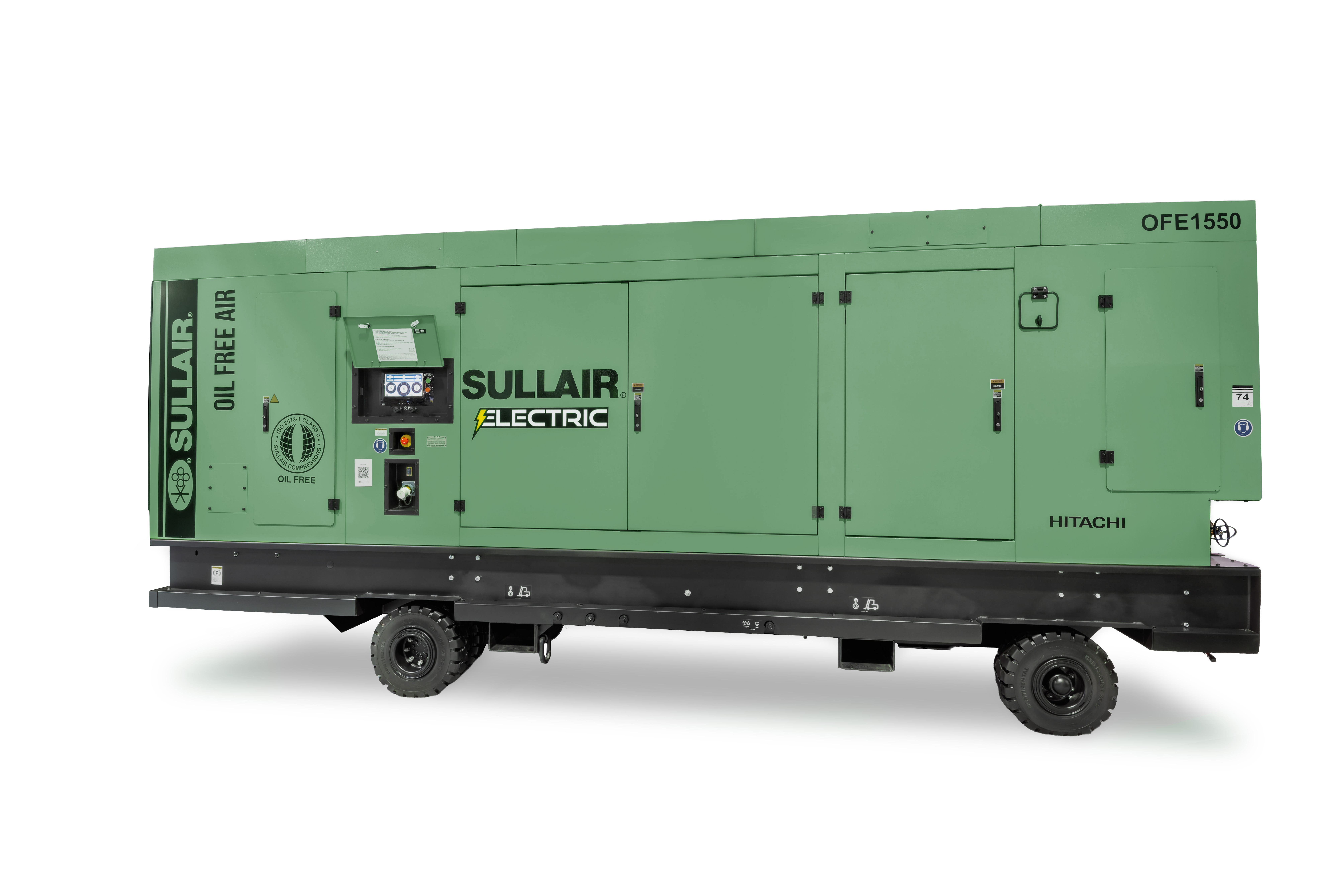 Sullair Electric mobile generator unit OFE1550 on wheels with green enclosure and control panel