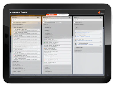 Command Center software interface displaying asset management panels with project lists and categorized data across three columns
