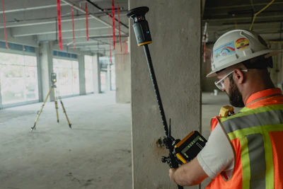 Construction worker using laser level tool on concrete wall at job site