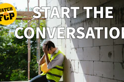 Construction worker in safety vest sitting against concrete wall with 'Watch FCP' badge overlay