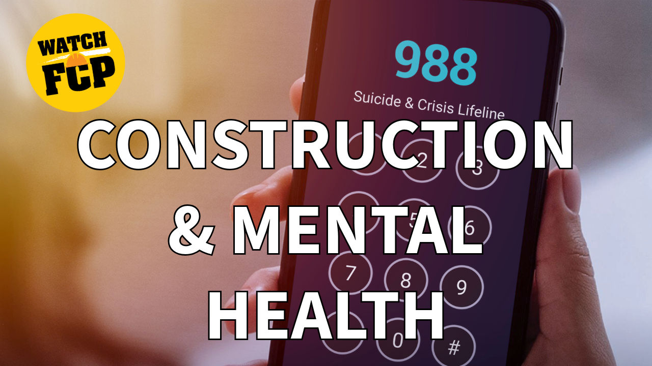 Phone displaying 988 Suicide & Crisis Lifeline number with text overlay about construction and mental health awareness