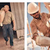Two construction and agricultural workers: left shows man in warehouse holding materials; right shows worker on scaffolding wearing hard hat