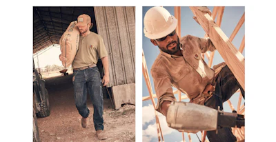 Two construction and agricultural workers: left shows man in warehouse holding materials; right shows worker on scaffolding wearing hard hat