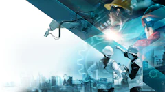 Construction and industrial workers with digital technology overlays and cityscape representing innovation and engineering services