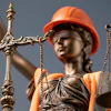 Lady Justice statue wearing orange hard hat and safety vest, holding brass scales against blue sky