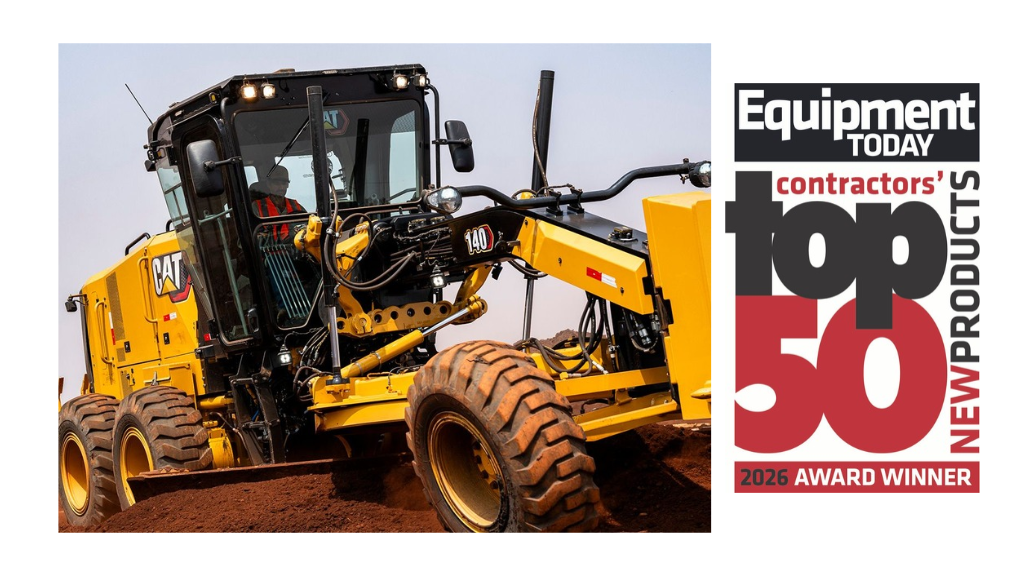 CAT motor grader with Equipment Today Contractors' Top 50 New Products 2026 Award Winner badge