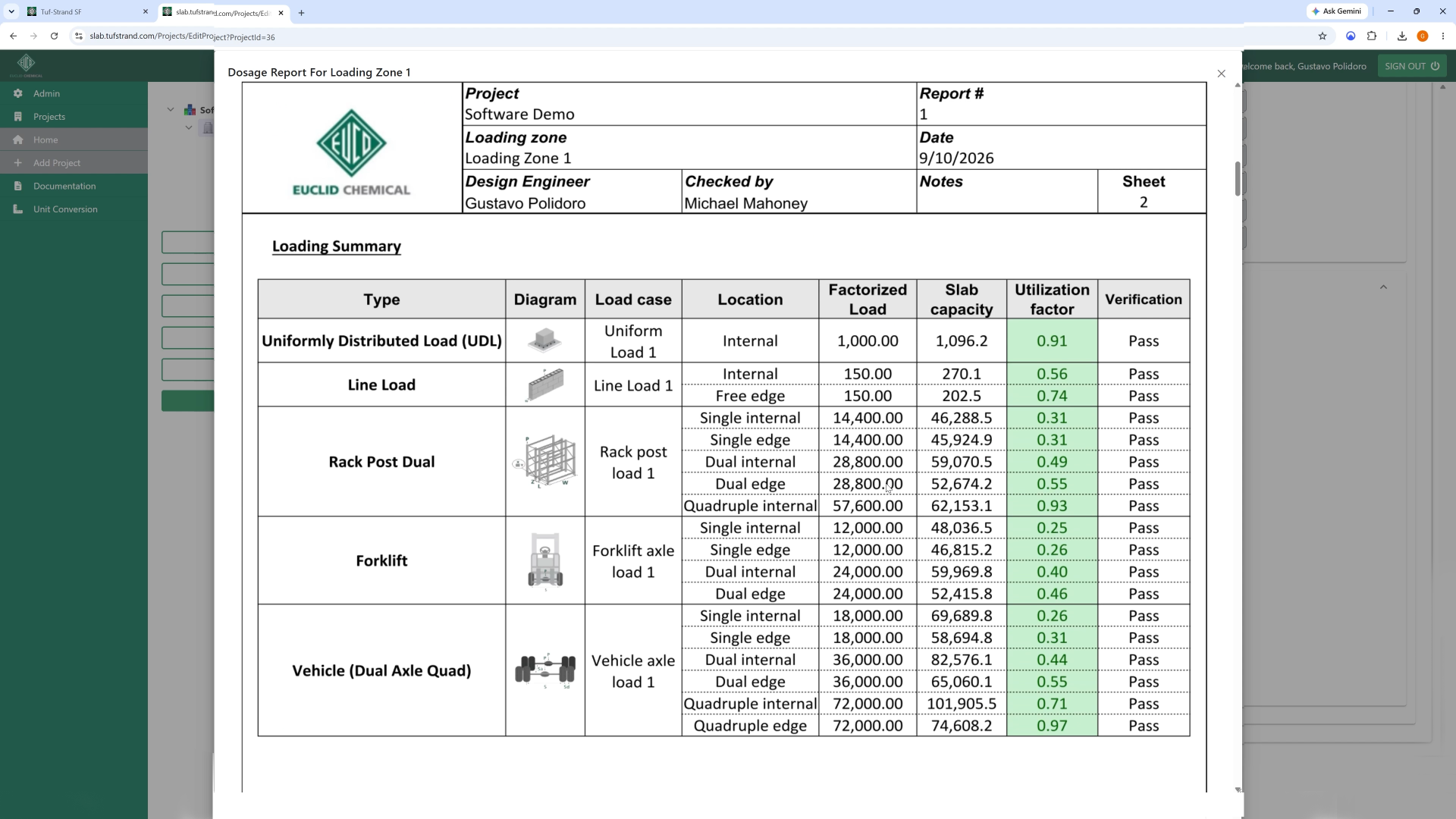 Euclid Chemical company logo with green diamond geometric design and white text on loading zone document