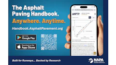 The Asphalt Paving Handbook mobile app advertisement showing website and app store download options with NAPA branding