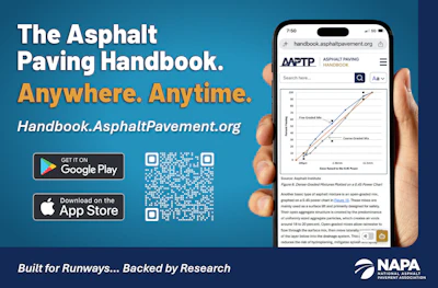 The Asphalt Paving Handbook mobile app advertisement showing website and app store download options with NAPA branding