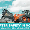 Orange wheel loader dumping gravel with worker and digital safety overlay on turquoise sky background