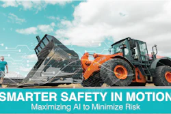 Orange wheel loader dumping gravel with worker and digital safety overlay on turquoise sky background
