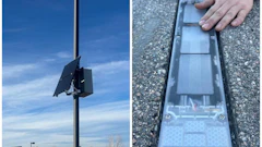 Solar panel device mounted on outdoor pole with close-up view of internal solar cell components