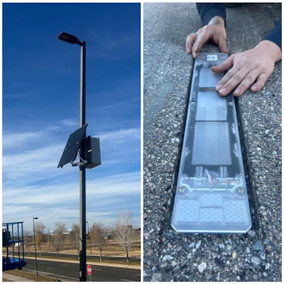 Solar panel device mounted on outdoor pole with close-up view of internal solar cell components
